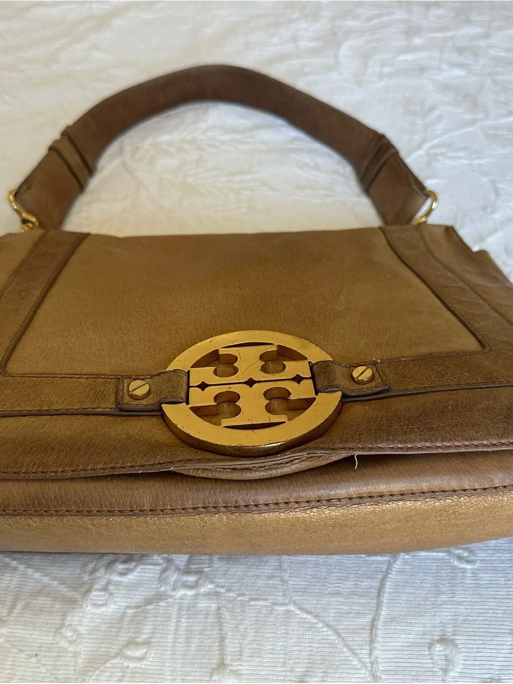 Tory Burch Tan Distressed Leather Shoulder Bag with Gold Logo Medallion